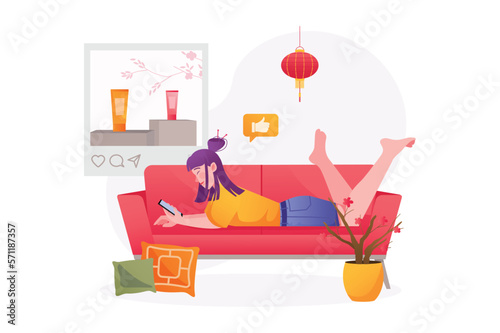 Social network Asian concept with people scene in the flat cartoon style. Girl lies on the sofa and watches social networks. Vector illustration.