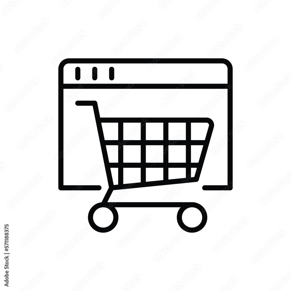 Online marketing thin line icon. Web page with shopping cart. Online strategy for promotion. Vector illustration. Online marketing thin line icon. Web page with shopping cart. Online strategy for promotion. Vector illustration.