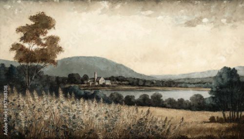 Vintage Countryside Landscape With Trees, Shrubbery, and Nature. Rivers and Lakes, Old Country Houses, Oil and Watercolor - Generative AI