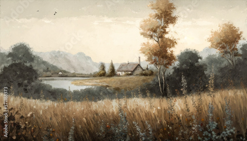 Vintage Countryside Landscape With Trees, Shrubbery, and Nature. Rivers and Lakes, Old Country Houses, Oil and Watercolor - Generative AI