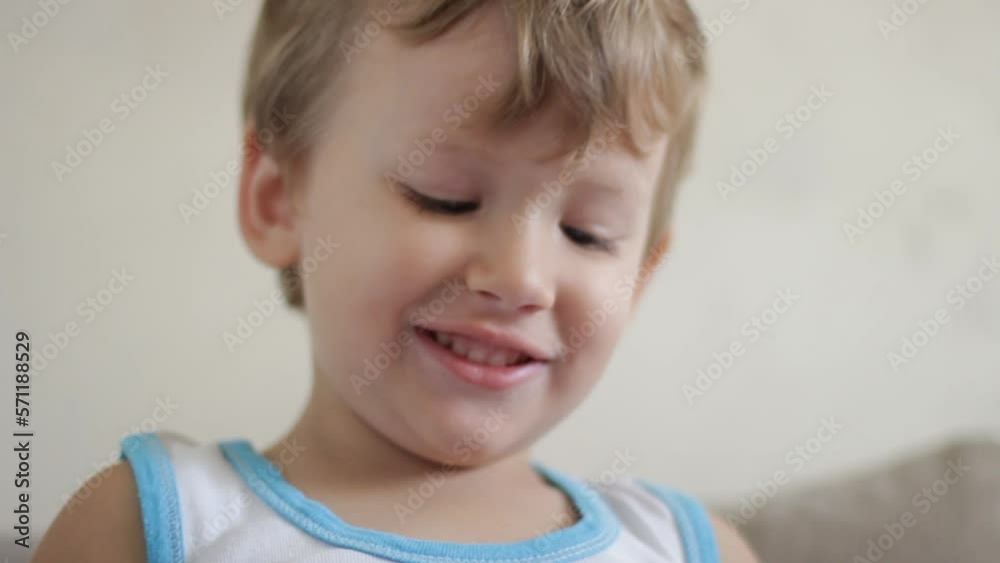 Happy Boy Imitates Cartoon Hero, Little Kid Portrait, Close Up Happy Boy Imitates Cartoon Hero, Little Kid Portrait, Close Up