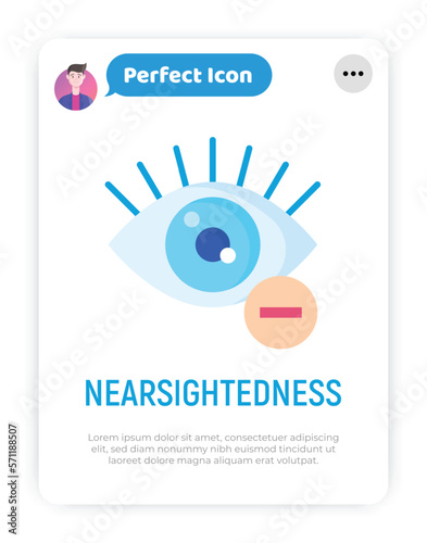 Ophthalmology flat icon: nearsightedness. Human eye with minus sign. Modern vector illustration.