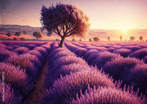 Lavender Field at Sunset, Purple Flowers, Morning Lavender Fields, Abstract Generative AI Illustration