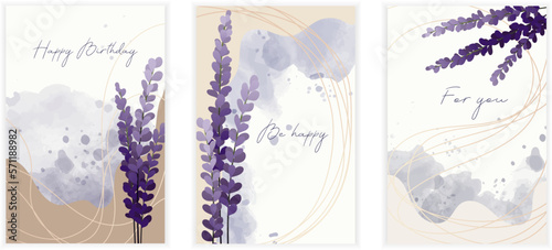 Set of postcards with lavender. Lavender and watercolor strokes