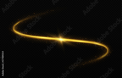 Golden magic sparkle trail. Glowing wavy lines on transparent background.  Luminous wavy comet effect.