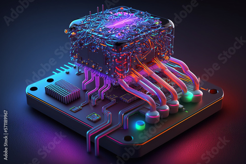 Neuroprocessor. An abstract 3D illustration of a chip processor with bioluminescent elements, representing the intersection of artificial intelligence and neural networks. Ai generated photo