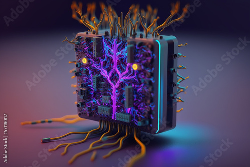 Neuroprocessor. An abstract 3D illustration of a chip processor with bioluminescent elements, representing the intersection of artificial intelligence and neural networks. Ai generated photo