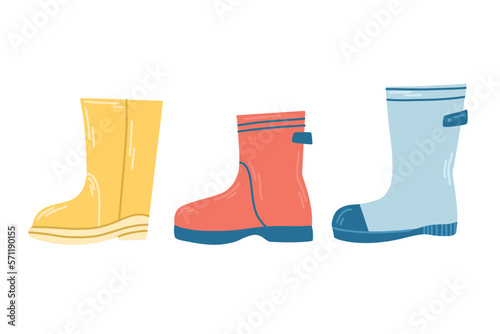 A set of multi-coloured rubber boots for wet weather in flat style, one each.