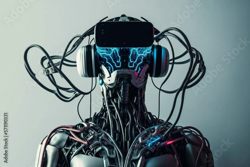 Futuristic robot wearing a VR headset, immersed in a virtual world with wires connecting the headset to its body. Ai generated