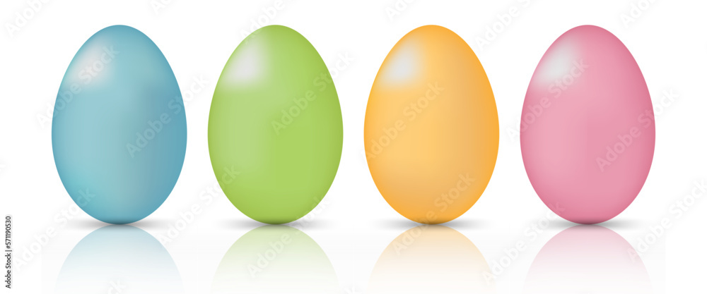 Colored Easter eggs. Vector, 3D, isolated on white background, with shadow and reflection.