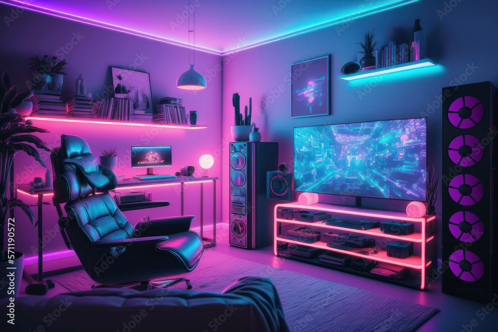 Interior of colorful modern gaming room with neon light. Playing  videogames, watching movies, hobby, entertainment and gaming concept. Stock  Illustration