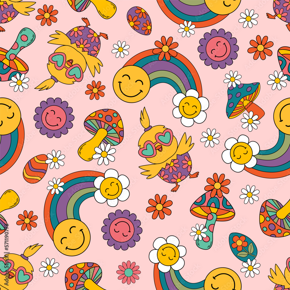 Obraz premium seamless pattern with easter chicken, rainbow, mushrooms, flowers