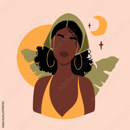 Abstract portrait black woman. Contemporary African american faceless female. Vector illustration in flat style