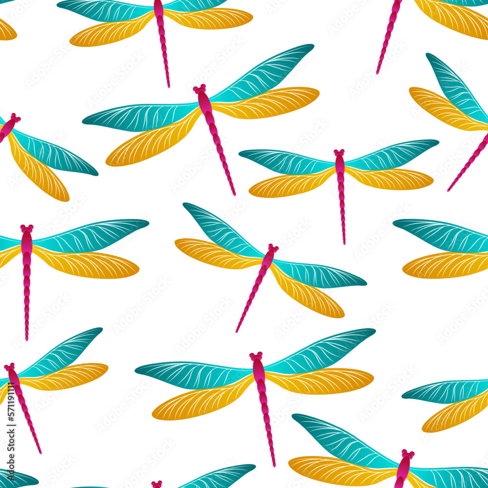Dragonfly flat seamless pattern. Spring dress textile print with flying adder insects. Garden water