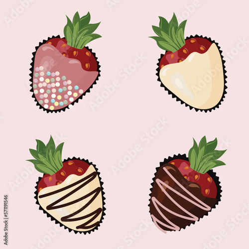 Ripe strawberries in chocolate glaze. fondue dessert. Seamless pattern. Vector illustration.