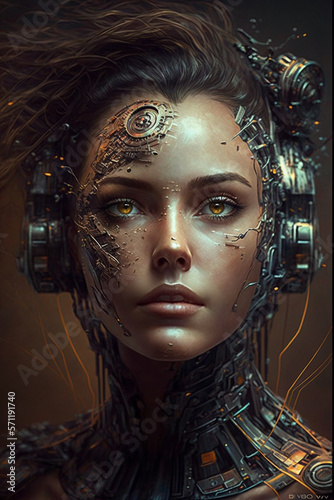 Cyborg with a human and robotic face, radiating wisdom. The image portrays the idea of a harmonious blend between human and machine. Ai generated ( not a real human)