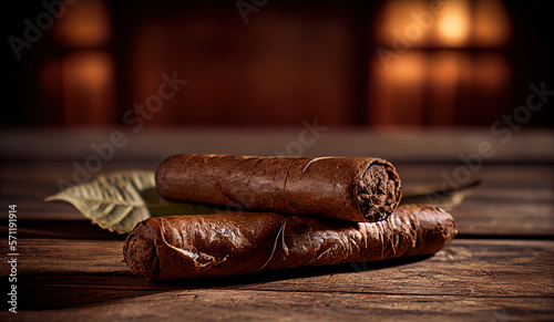 Two whole cigars lying on a rustic wooden table. Generative AI.