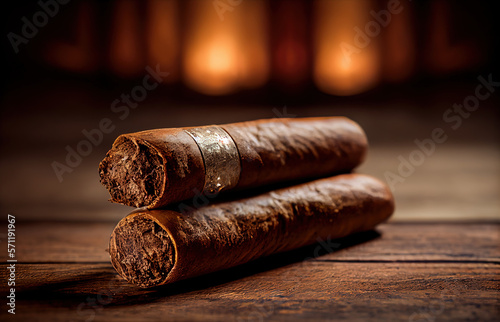 Two whole cigars lying on a rustic wooden table. Generative AI.