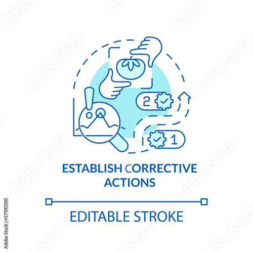 Establish corrective actions turquoise concept icon. Build plan. HACCP principle abstract idea thin line illustration. Isolated outline drawing. Editable stroke. Arial, Myriad Pro-Bold fonts used