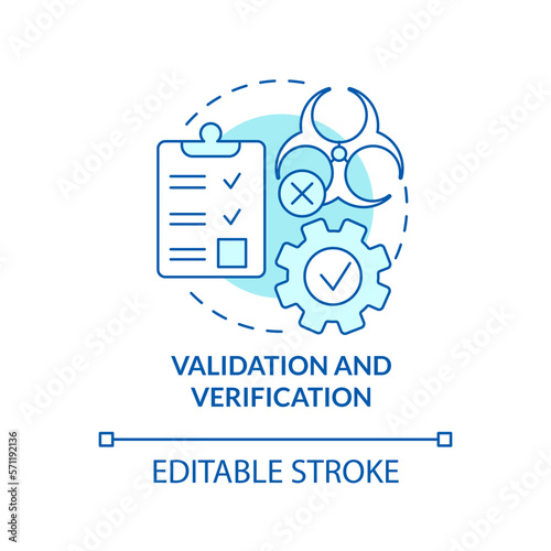 Validation and verification turquoise concept icon. Action plan. HACCP principle abstract idea thin line illustration. Isolated outline drawing. Editable stroke. Arial, Myriad Pro-Bold fonts used