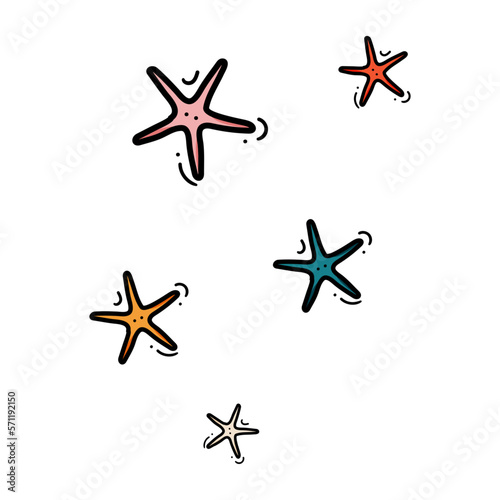 Doodle sea starfish set in hand drawn style on white background. Starfish design vector illustration isolated element for summer natural color design with texture.