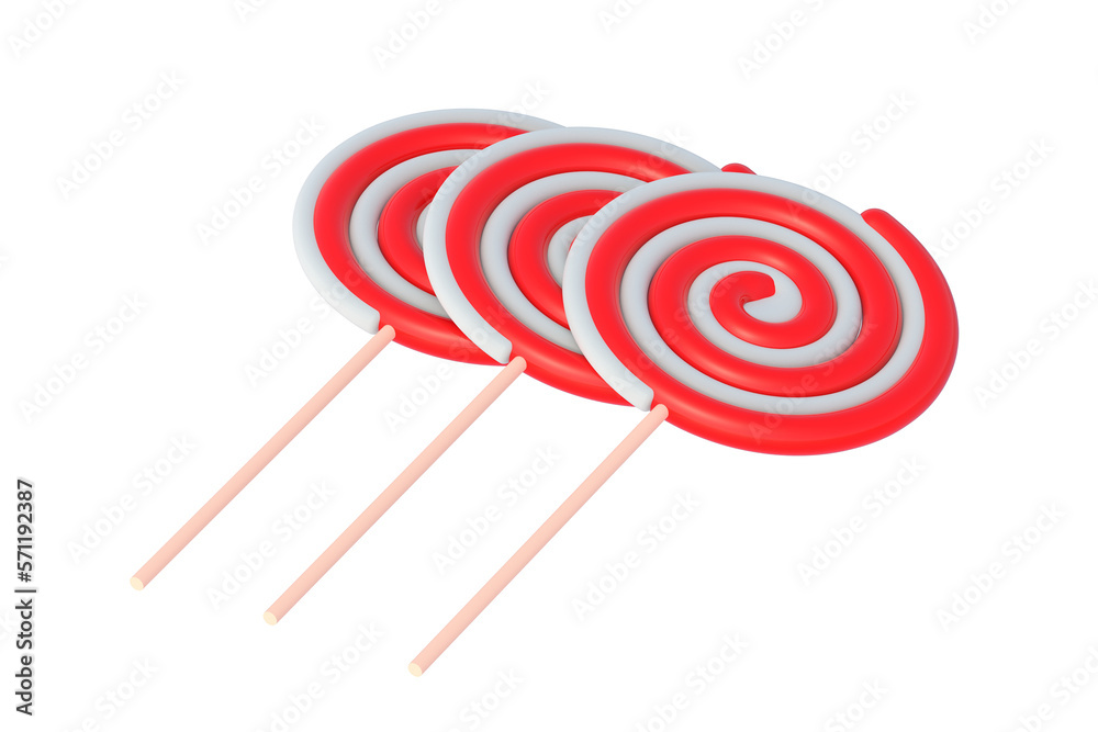 Row of lollipops on stick isolated on white background. Striped twisted candy. 3d render Row of lollipops on stick isolated on white background. Striped twisted candy. 3d render