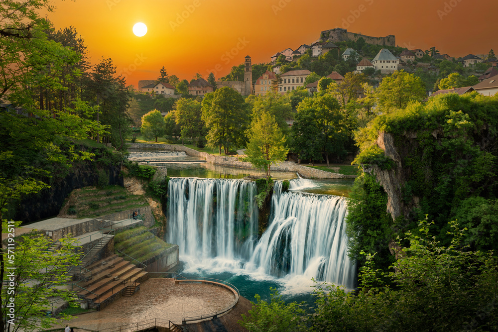 Old town Jajce and big waterfall on a Pliva river. Bosnia and Herzegovina.