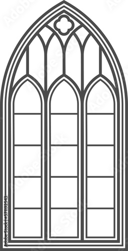 Gothic church window. Architecture arch with glass. Old castle and cathedral frame. Medieval stained interior design. Vintage illustration