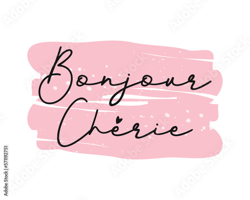 Bonjour cherry slogan on pink watercolor background, vector design for fashion, card and poster prints