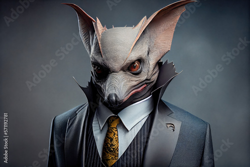 Portrait of a bat dressed in a business suit in a studio photo. Generative AI.  photo