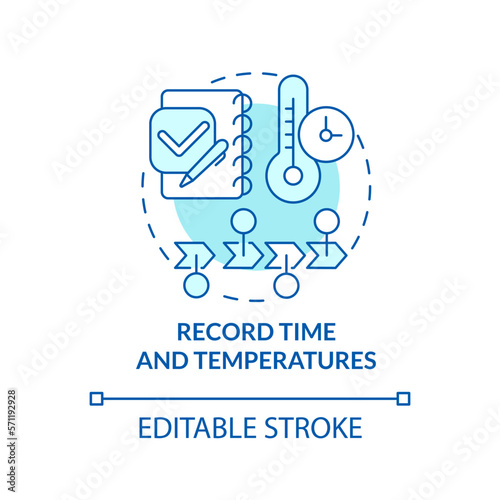 Record time and temperatures turquoise concept icon. Control work. HACCP on practice abstract idea thin line illustration. Isolated outline drawing. Editable stroke. Arial, Myriad Pro-Bold fonts used