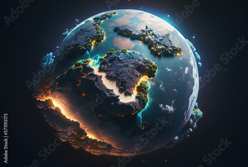 Earth view from space, galaxy, cyberpunk era, bright colors, network technology. Generative AI.
