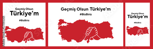 Turkey earthquake. Pray for Turkey earthquake. Turkish: Geçmiş olsun Türkiye. Map of Turkey in color of national flag with cracks. Pray for Turkey Vector illustration set.