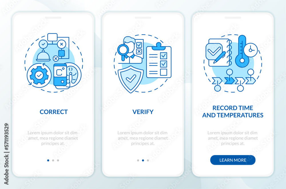 HACCP in work blue onboarding mobile app screen. Food control walkthrough 3 steps editable graphic instructions with linear concepts. UI, UX, GUI template. Myriad Pro-Bold, Regular fonts used HACCP in work blue onboarding mobile app screen. Food control walkthrough 3 steps editable graphic instructions with linear concepts. UI, UX, GUI template. Myriad Pro-Bold, Regular fonts used