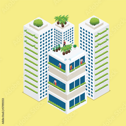 City gardening on building rooftops 3d isometric vector illustration concept for banner, website, landing page, ads, flyer template