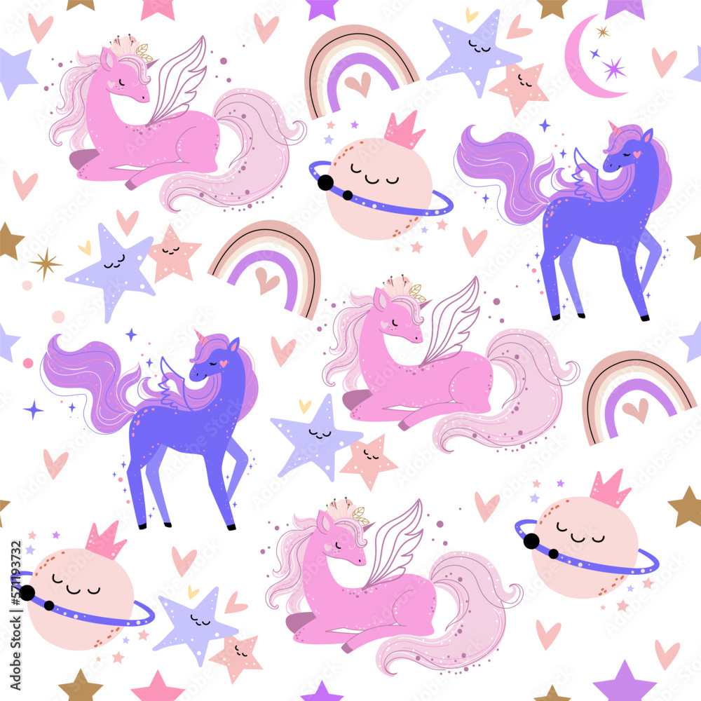 Cute unicorn, planet, rainbow and star seamless pattern. Vector illustration in boho style for t-shirt design, nursery for kids, pajamas print