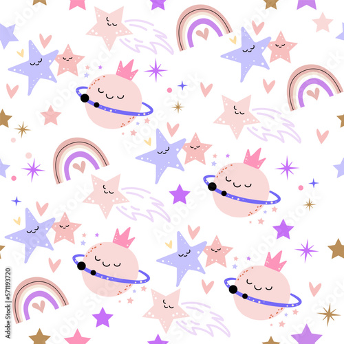 Funny planet, rainbow and cute stars seamless pattern. Vector. Design for packaging, clothing, t-shirts. Starry sky