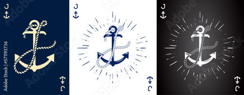 Set of three Vintage Label with an Anchor and Letter made of Ship Rope. Apparel t-shirt or Poster Design. Logotype Monogram with Playing Cards Style. Vector illustration.