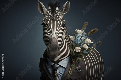 Zebra Animal  dressed in a suit and tie  holding a bouquet of flowers. The image depicts a romantic and elegant figure  blending human and animal traits. Ai generated