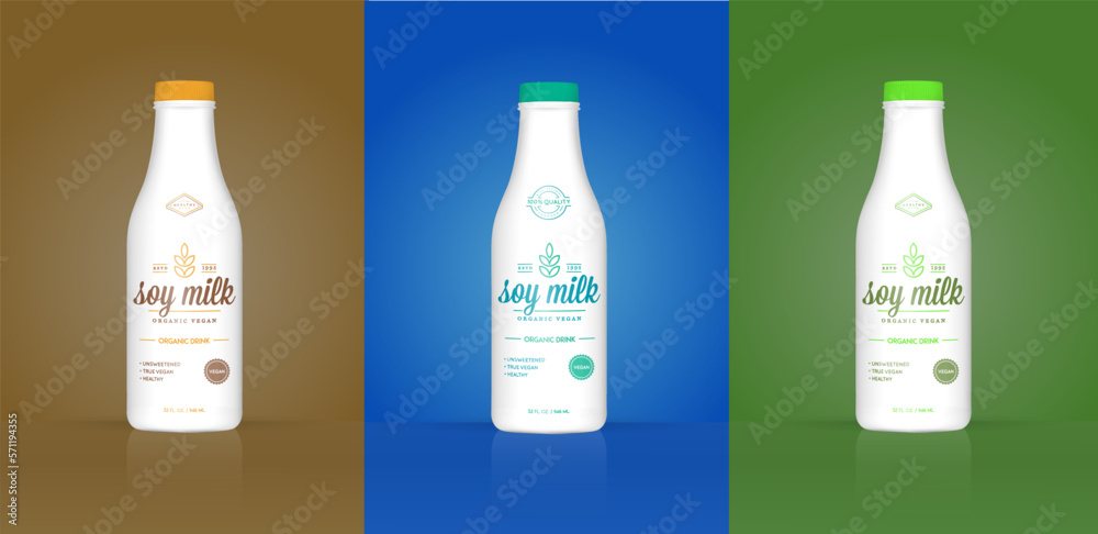 Set of Soy Milk Bottle with Colorful Background. Healthy Organic Product Made of Soy Beans. Vector Illustration. Advertising Template. Print. Set of Soy Milk Bottle with Colorful Background. Healthy Organic Product Made of Soy Beans. Vector Illustration. Advertising Template. Print.