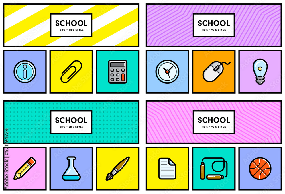 Vector 80's or 90's Stylish School Education Icon Set with Retro Colors. Nostalgia. Vector 80's or 90's Stylish School Education Icon Set with Retro Colors. Nostalgia.