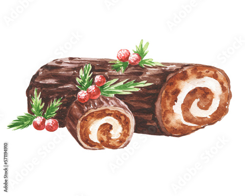Watercolour bûche de Noël traditional Christmas cake. French dessert, food illustration.