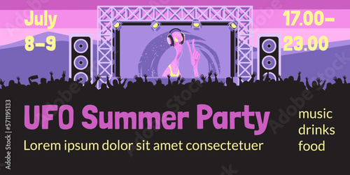 Nineties style outdoor event banner with alien wearing headphones and dancing crowd. UFO party. Retro illustration