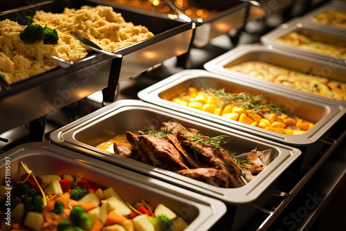 catering buffet food with heated trays ready for service
