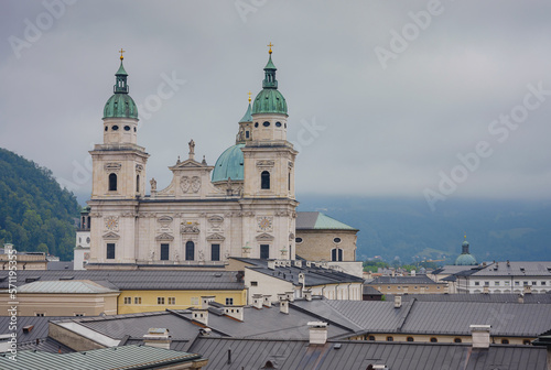 Salzburg Austria inner city with churches. Beautiful view of Salzburg Cathedral . Cathedral of Saints Rupert and Virgil is cathedral church of the Archdiocese of Roman Catholic Church.