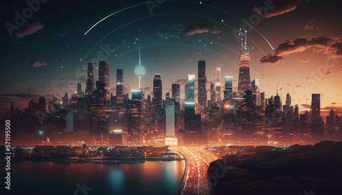 Wireless network and Connection technology concept with Abstract city background, generative ai