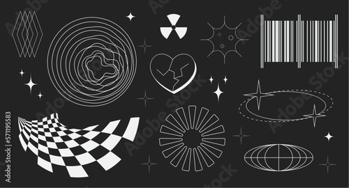 Super trendy geometric Y2K brutalism styled linear shapes. Set including stars, deformation, bubbles, arrows and other trendy shapes.
