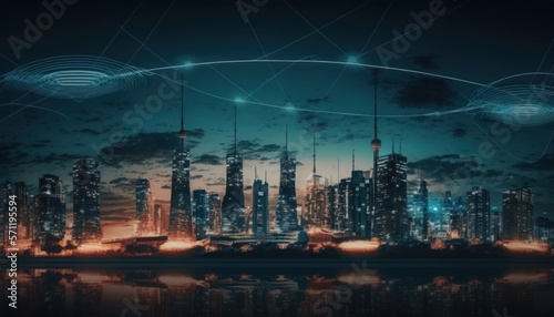 Wireless network and Connection technology concept with Abstract city background  generative ai