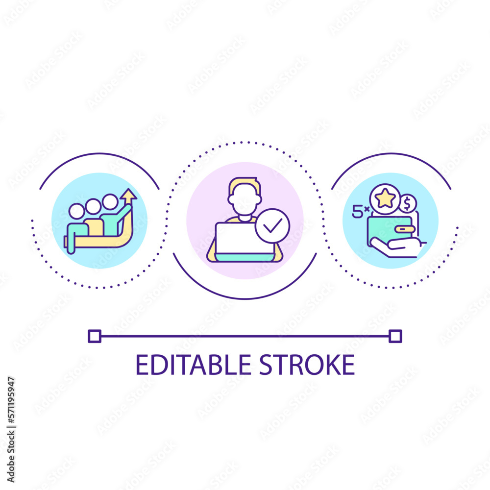 Work bonuses loop concept icon. Career growth. Efficient teamwork. Salary and rewards abstract idea thin line illustration. Isolated outline drawing. Editable stroke. Arial font used Work bonuses loop concept icon. Career growth. Efficient teamwork. Salary and rewards abstract idea thin line illustration. Isolated outline drawing. Editable stroke. Arial font used