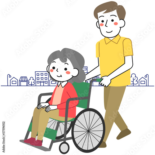 車椅子に乗ったシニア女性とそれを押す若い男性